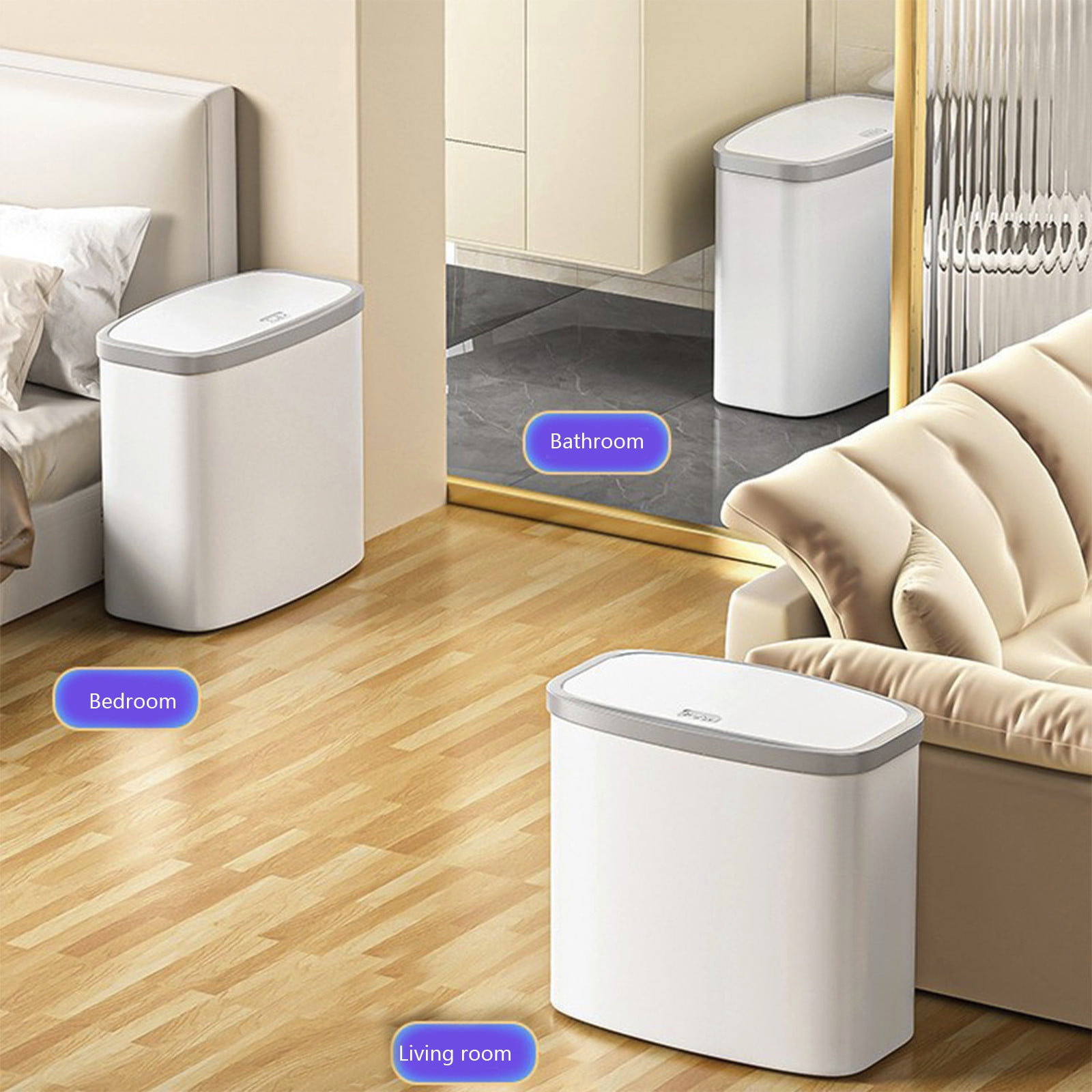 Kuroiy Bathroom Trash Can with Press-Popup Lid | White Plastic Wastebasket | Odor-Locking Close Seal | Reinforced Thickened Barrel | Inner Bag Ring | 27.5x27.5x14cm | 1 Bin