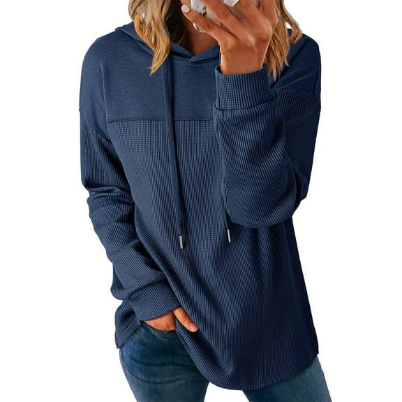 TKLPEHG Womens Hoodies Casual Waffle Knit Long Sleeve Drawstring Pullover Sweatshirts Solid Color Hooded Fall Sweatshirts Clothes (Navy,XXL)