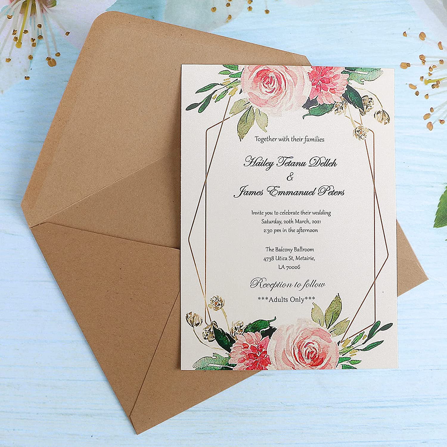 Kathmandu Valley Co. 5x7 inch Handmade Lokta Paper Envelopes for Wedding Invitations, Announcements, Vintage Envelopes with Pressed Marigold Flower