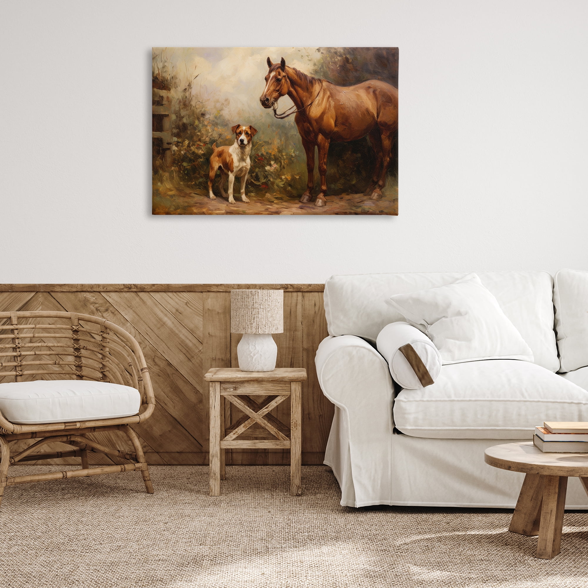 Stupell Industries Horse & Dog in Nature Landscape Painting Gallery Wrapped Canvas Art Print Wall Art, 36 x 24