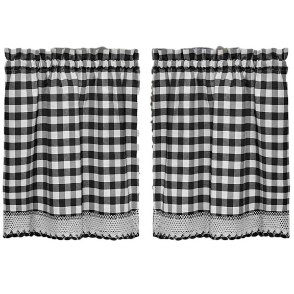 Woven Trends Designer Home Modern Kitchen Curtain Panels, 24L x 29W Inches Blackout Window Tier Pair Set, Premimum Cotton Blend Buffalo Classic Country Plaid Gingham Checkered Design, Black