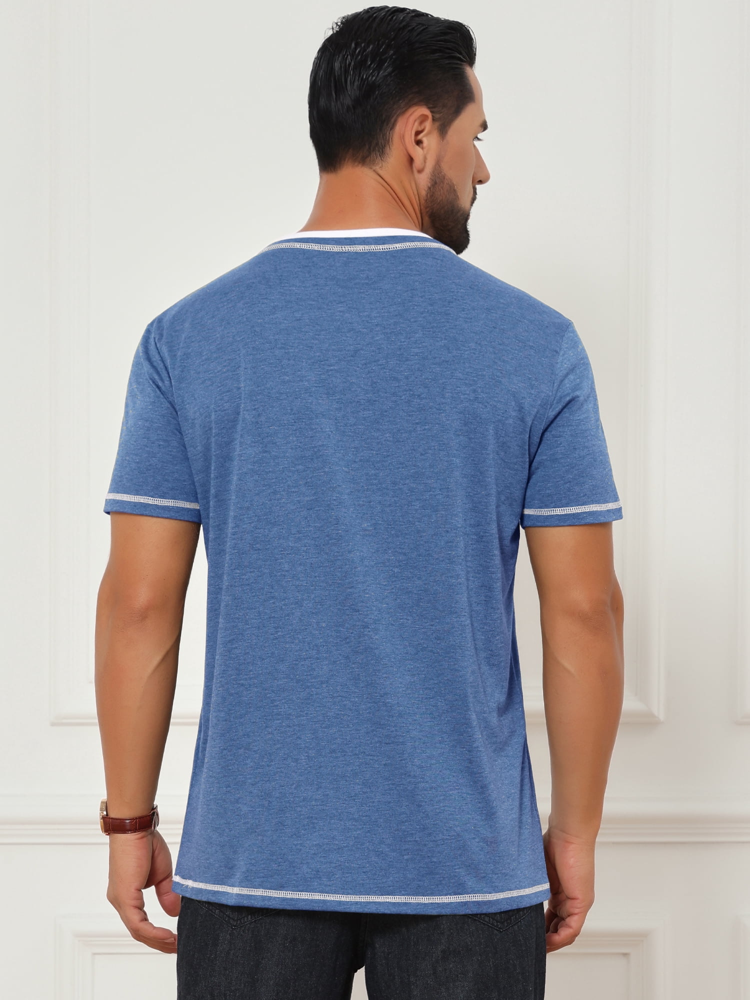 DARING DIVA Men's Henley V-Neck Colorblock Button Down Short Sleeve T-Shirt S Blue