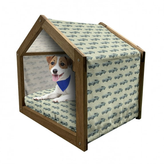 Vintage Pet House, Retro Sports Car Pattern with Classic Vehicle on a Pastel Background, Outdoor & Indoor Portable Dog Kennel with Pillow and Cover, 5 Sizes, Pale Green and Slate Blue, by Ambesonne