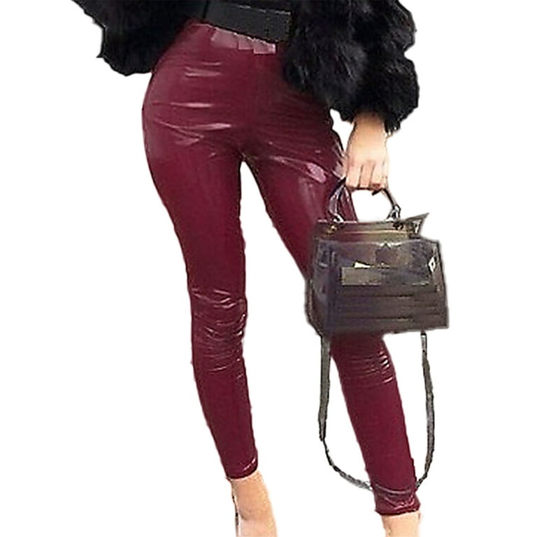 Grianlook Women Leggings Butt Lift Yoga Pant Tummy Control Faux Leather  Pants Party Trousers Stretch Wine Red L