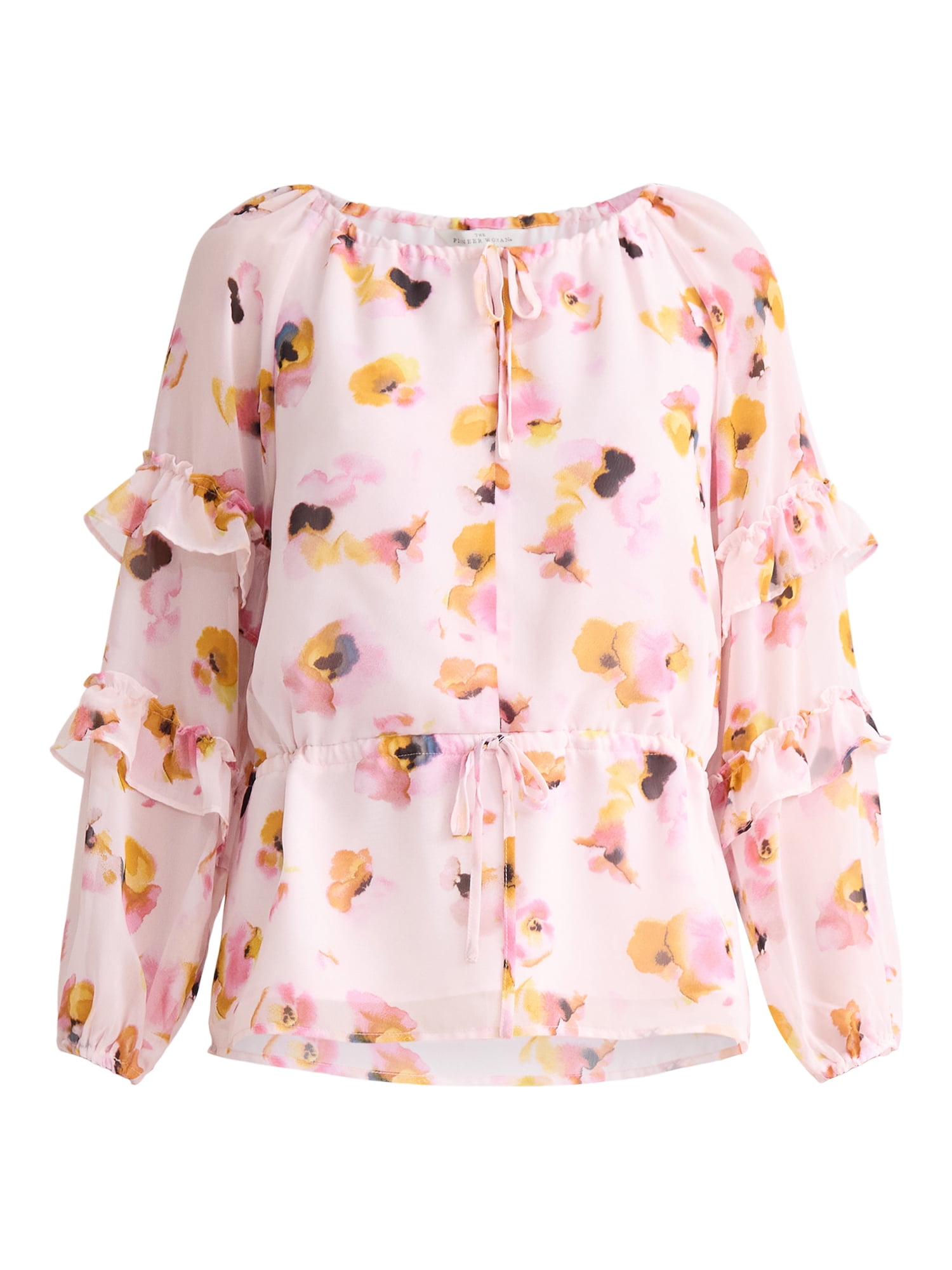 The Pioneer Woman Floral Print Blouse with Ruffle Sleeves, Sizes S-3XL, Women’s