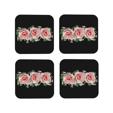 

Leather Coasters of 4 Pink Roses Drink Coasters Foe Tabletop Protection Funny Desk Coasters Good Housewarming Gifts Square