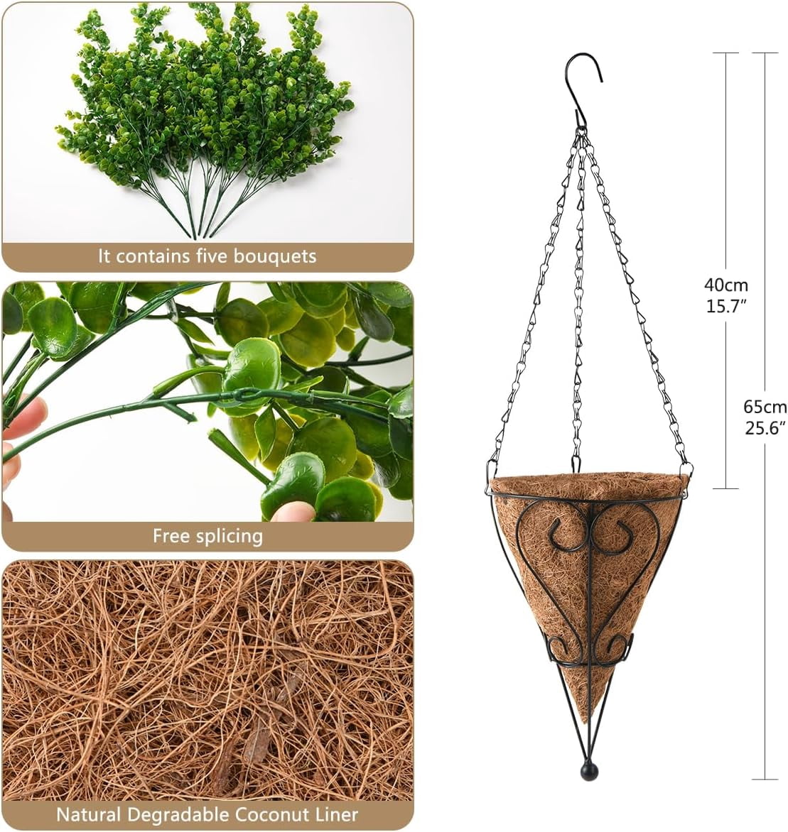 Artificial Hanging Plants in Basket Fake Hanging Eucalyptus with Coconut Lining Chain Palm Flowerpot Hanging Plant Outdoor UV Resistant Plastic Plants(Eucalyptus)