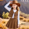 thumbnail image 2 of XFeng.Girls 3 Piece Western Outfit Set, Long Sleeve Shirt + Sleeveless Vest + Pleated Skirt Kids Cowboy Matching Clothes.Coffee.100, 2 of 5