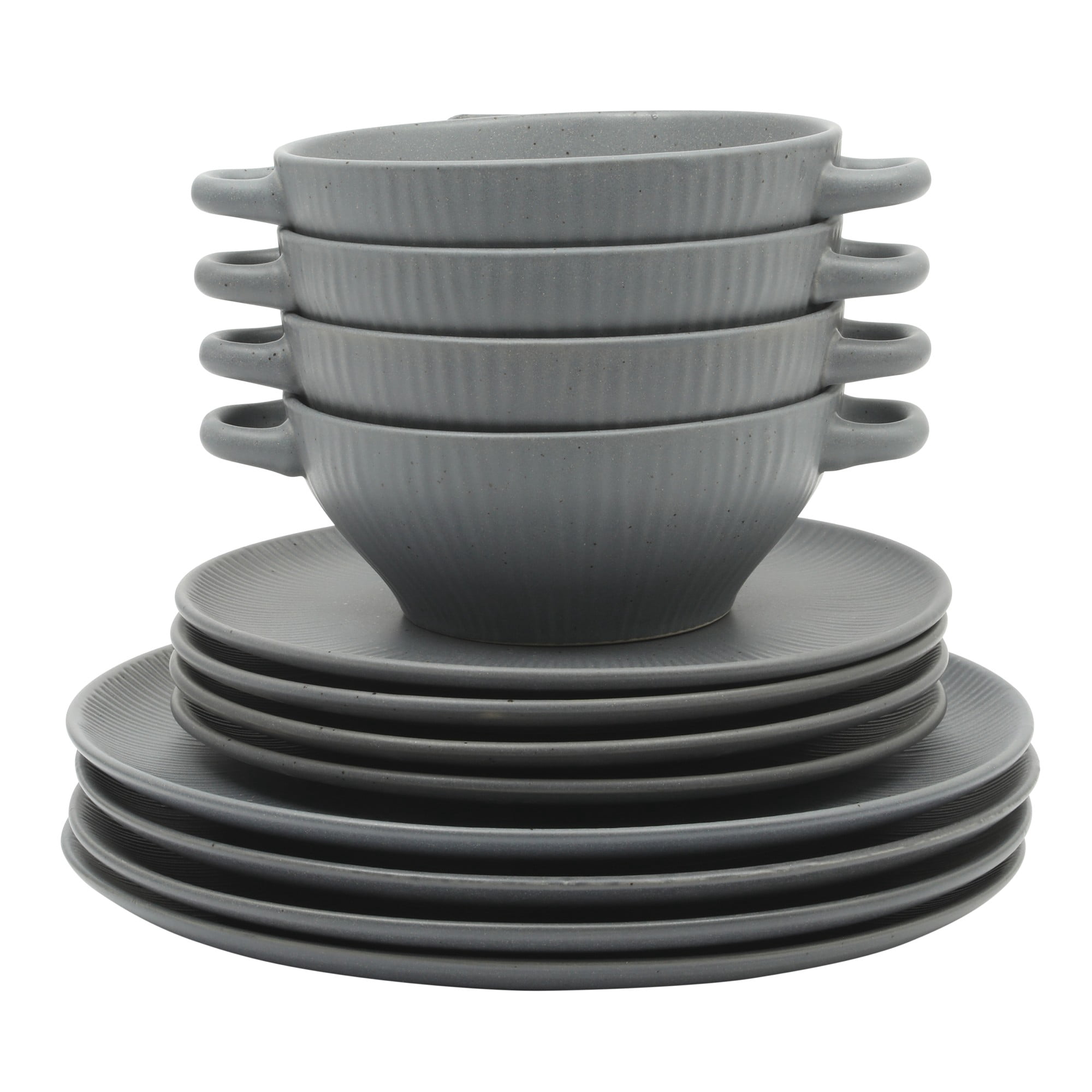 Gibson Elite Clover Hill 12-Piece Stoneware Dinnerware Set - Embossed Reactive Glaze - Service for 4 - Dark Blue