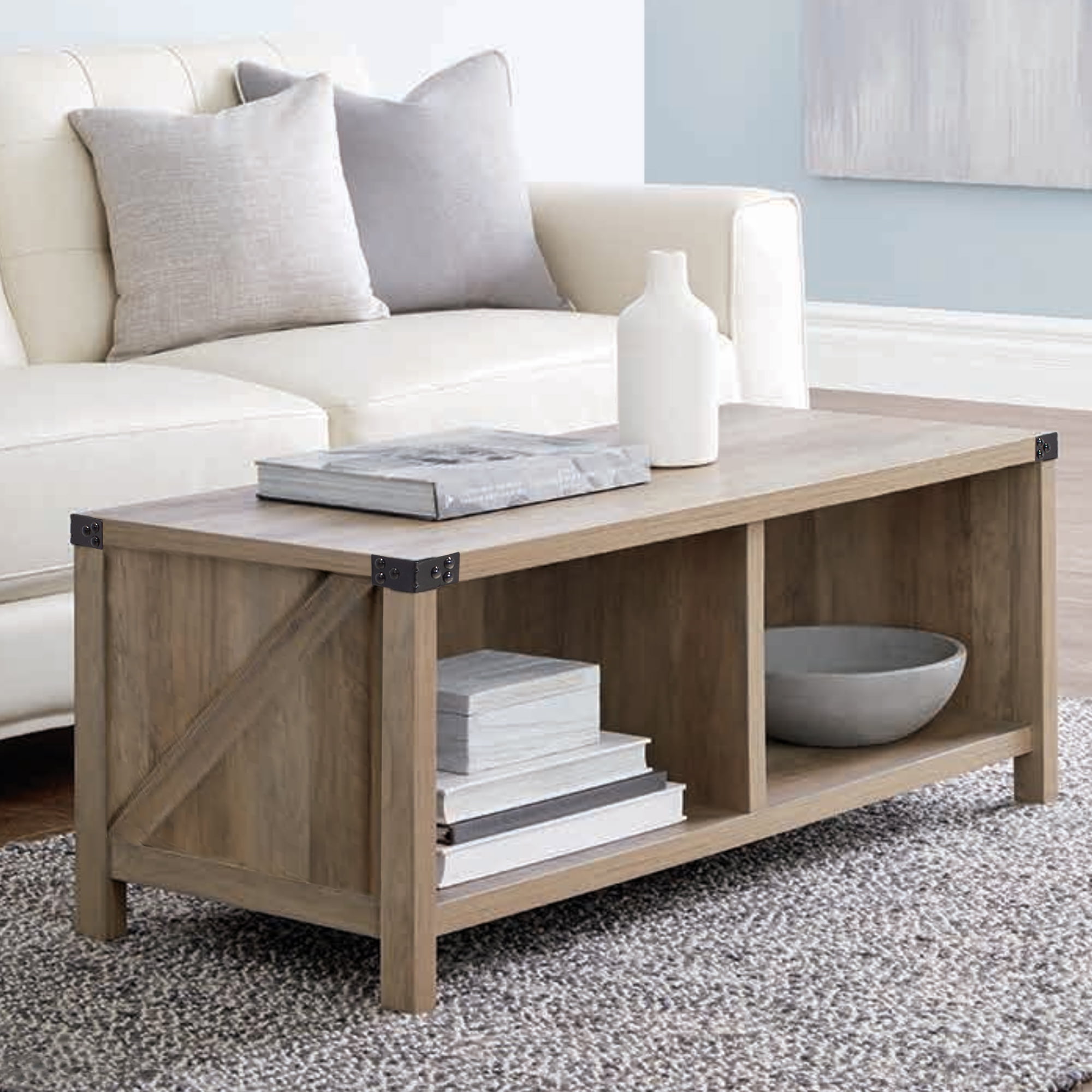 LANTRO JS Farmhouse 2 Tier Coffee Table with Shelf Sofa Center