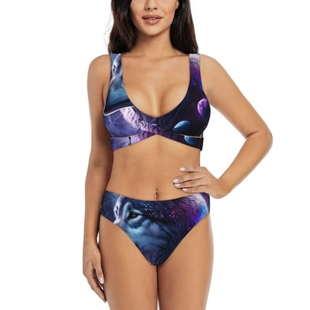 Zeuib Feathered Wolf High Waisted Tummy Control Bikini Set - Knot Front Push Up Top & Cheeky Thong Bottom  Two-Piece Swimsuit for Women-Small