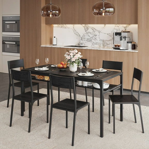 Asofer Dinning Table Set for 6, Morden Comedor De 6 Sillas y Mesa with Wood High Back Seating Chairs, Black