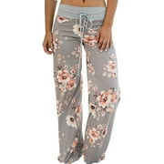 Women's Casual Pants Comfy Pajama Floral Print Drawstring Lounge Wide Leg Pants