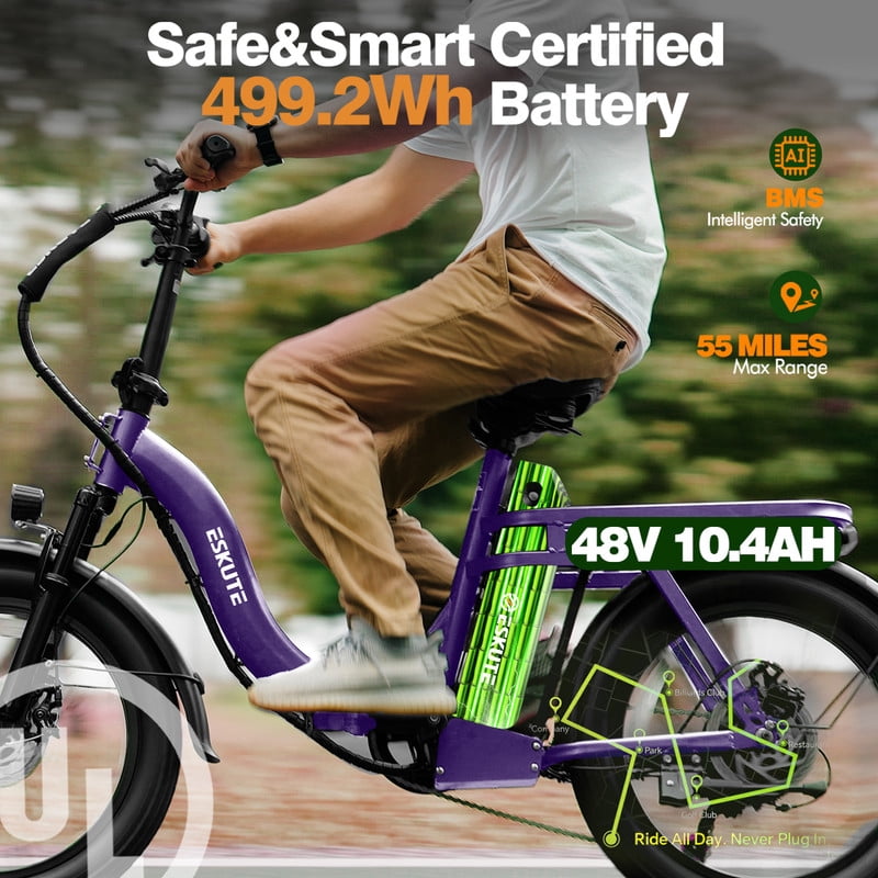 ESKUTE D200 Electric Bike for Adults Teens Students, 750W Peak Motor 28 Mph, 48V 10.4Ah Battery Up to 55 Miles, with 7‑Speed Step‑Through Cargo Fold E Bicycle, NFC Unlock, Purple with Lock, UL2849