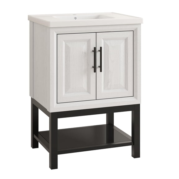 24" Freestanding Vanity with Ceramic Sink & Cabinet & Bottom Glass Shelf - White
