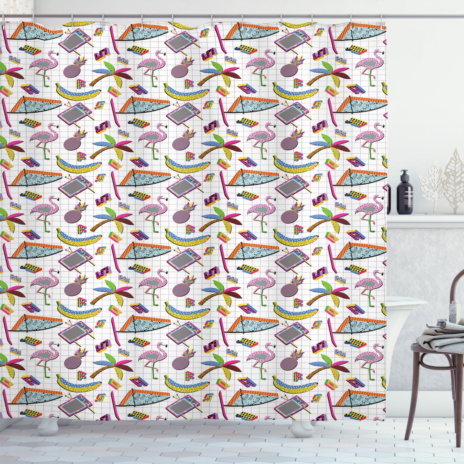 Ambesonne Flamingo Shower Curtain, 80s Memphis Colorful, 69"Wx84"L