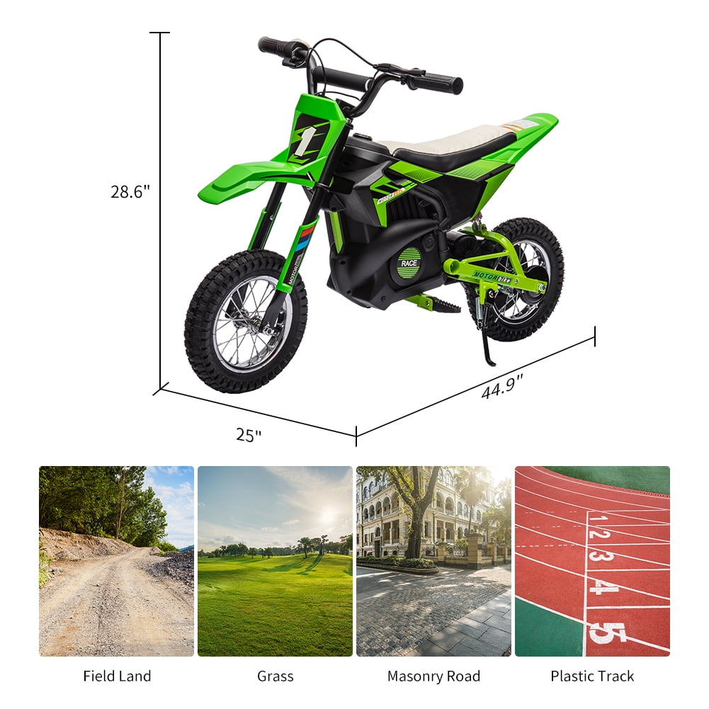 Kicctian 24V Kids Electric Dirt Bike, 250W Motor Off-Road Motorcycle with Metal Suspension, Leather Seat, Air-Filled Tires, Twist Throttle, for Ages 8-12, Green
