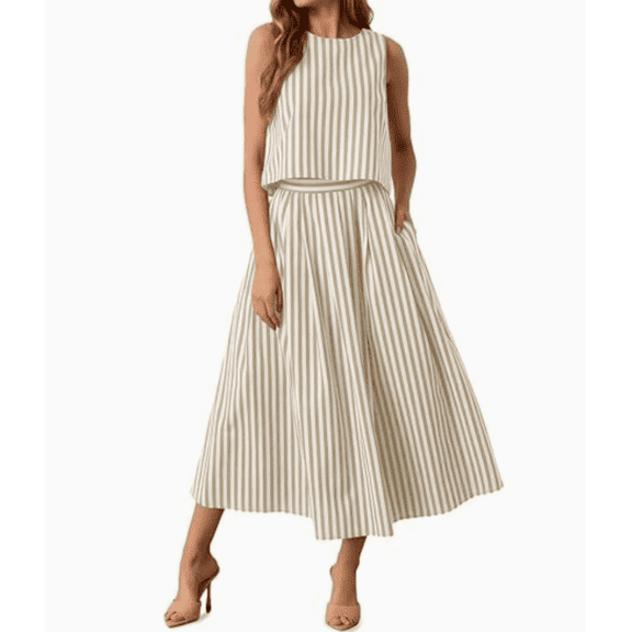 Womens 2 Piece Skirt Sets Summer Striped Sleeveless Tank Tops Midi Dress Travel Vacation Outfits Matching Sets