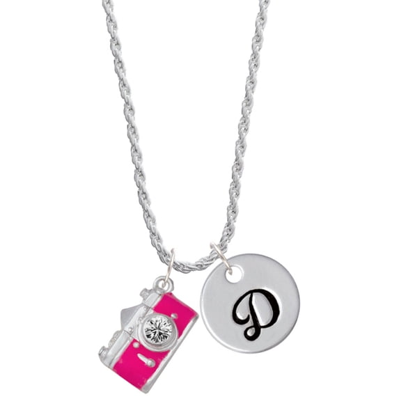 Delight Jewelry Silvertone Pink Camera Silvertone Script Initial Disc - D - Charm Necklace, 20"+3"