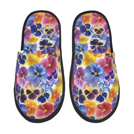 Balery The Garden Tricolor Pansy Flower Slient Indoor Furry Fleece Comfort House Shoes Soft Non-Slip Home Shoes Cotton slippers House Slippers-- Large