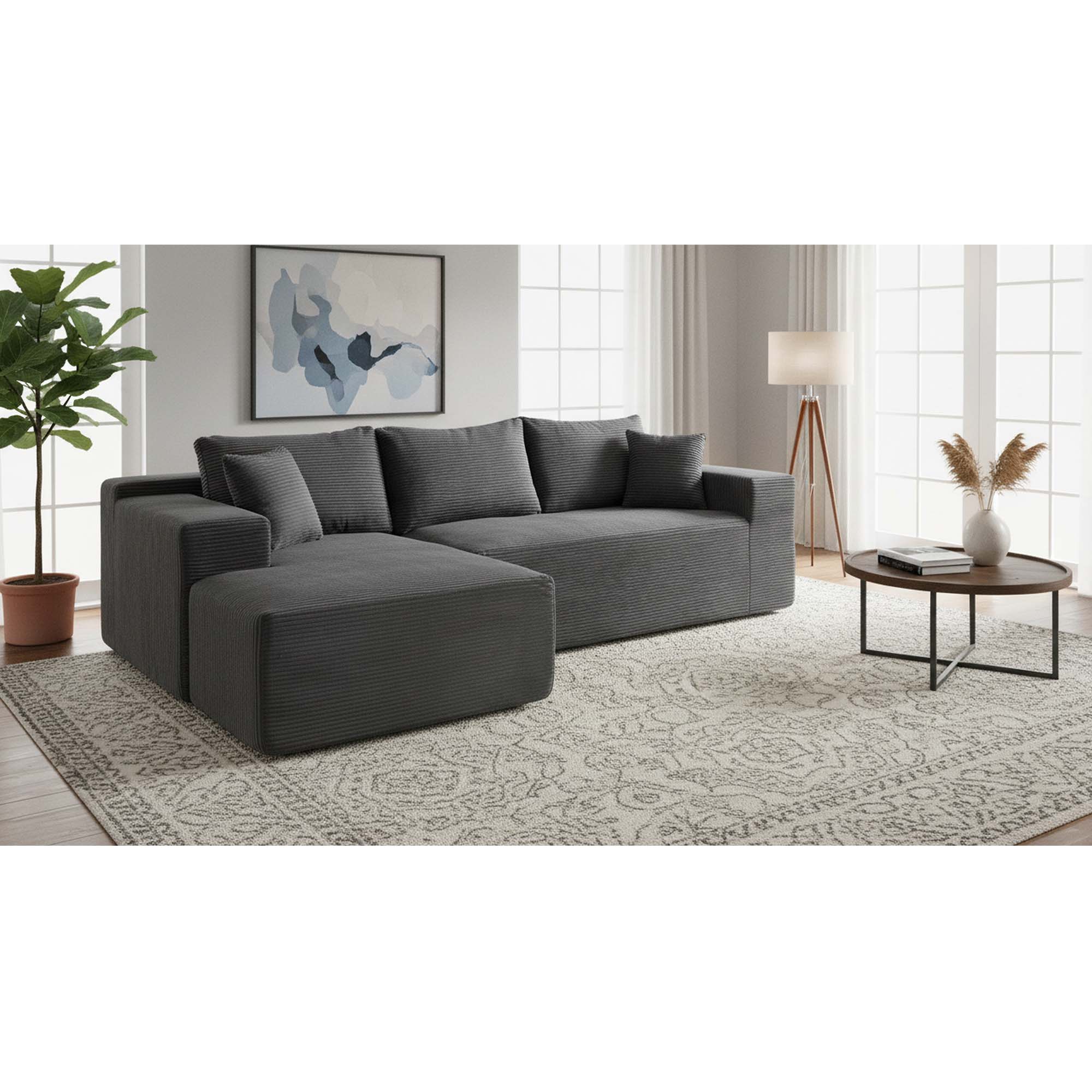 Miniyam 96" x 61" Convertible Corduroy L-Shaped Sofa with Chaise, 3-Seater Modular Sectional Compressed Couch with Pillows for Living Room, Dark Grey (Left Facing)