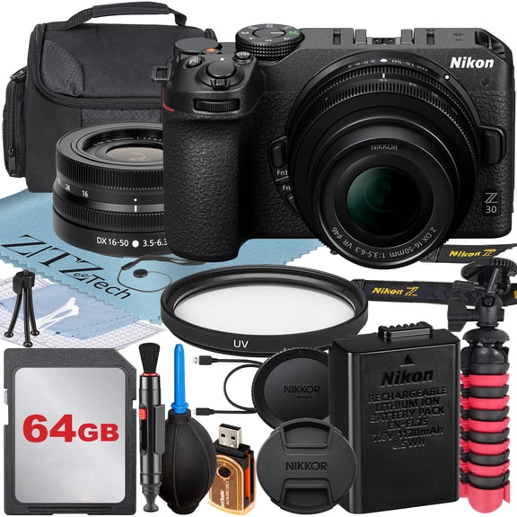 Nikon Z30 Mirrorless Camera with NIKKOR Z DX 16-50mm VR Zoom Lens   64GB Memory Card   Case   UV Filter   ZeeTech Accessory Bundle (International Version)