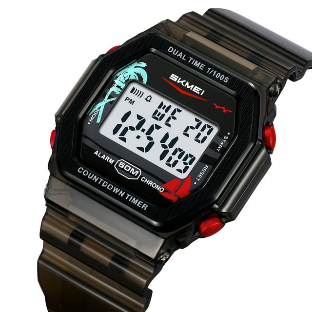SKMEI 2390 Montre de Sport Multifonctionnelle en Silicone Phosphorescente pour Hommes - Étanche, Boîtier Noir avec Boutons Rouges, Mouvement Électronique, Résistance à l'Eau de 50M, Design Léger
