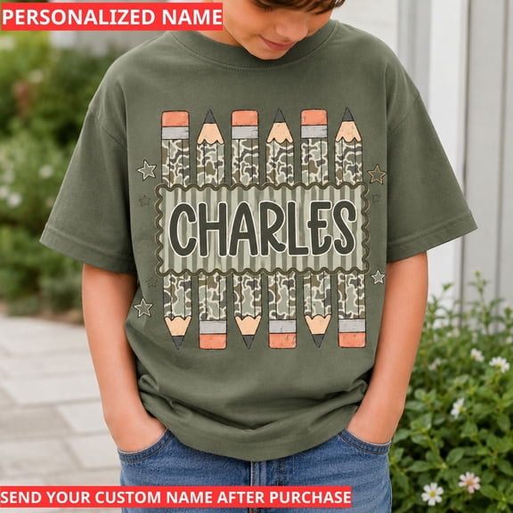 Back To School Shirt, Custom Name Pencil Tee, Camo School Supplies Outfit, First Day Of School Gift for Students