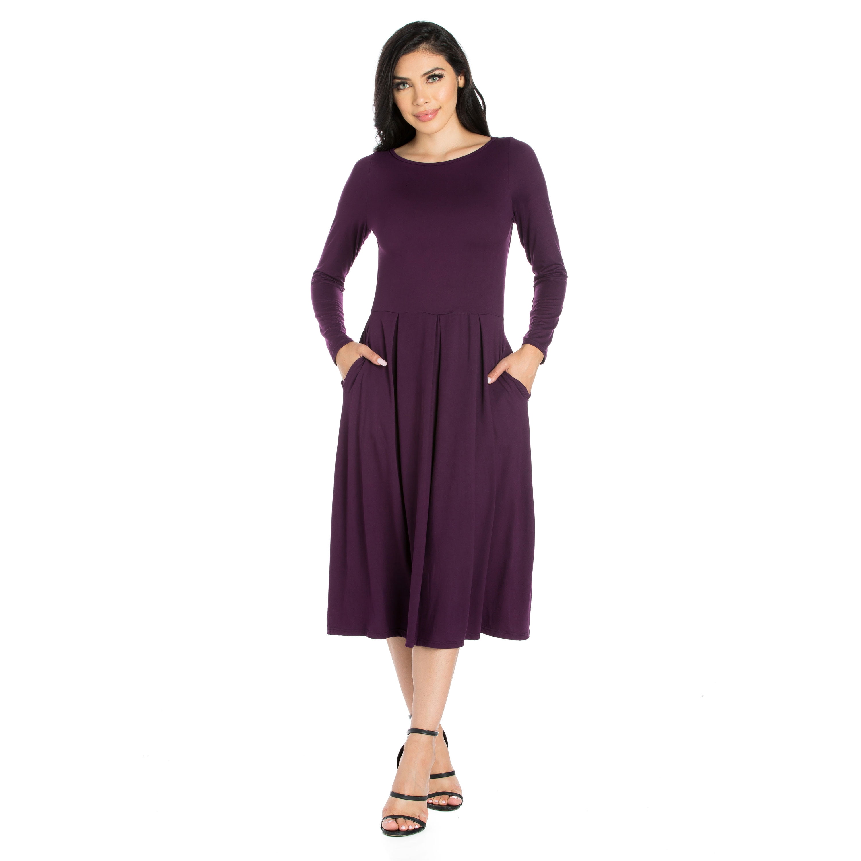 24/7 Comfort Apparel Long Sleeve Fit and Flare Midi Dress, Women's, Size: Small, Purple