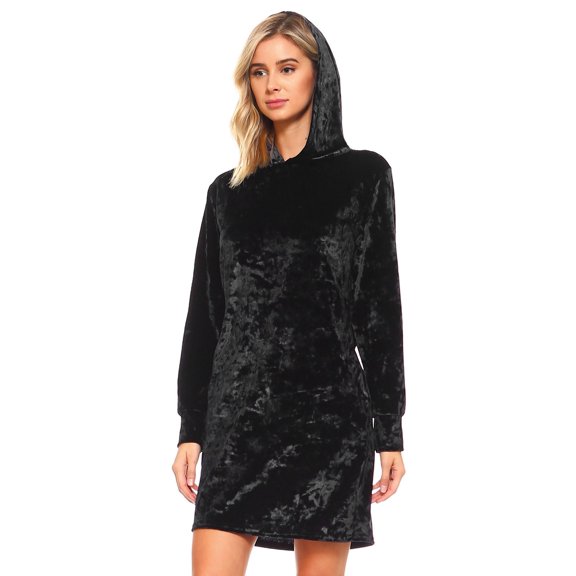 Women's Crushed Velvet Hoodie Dress with Pockets (Black, Medium)
