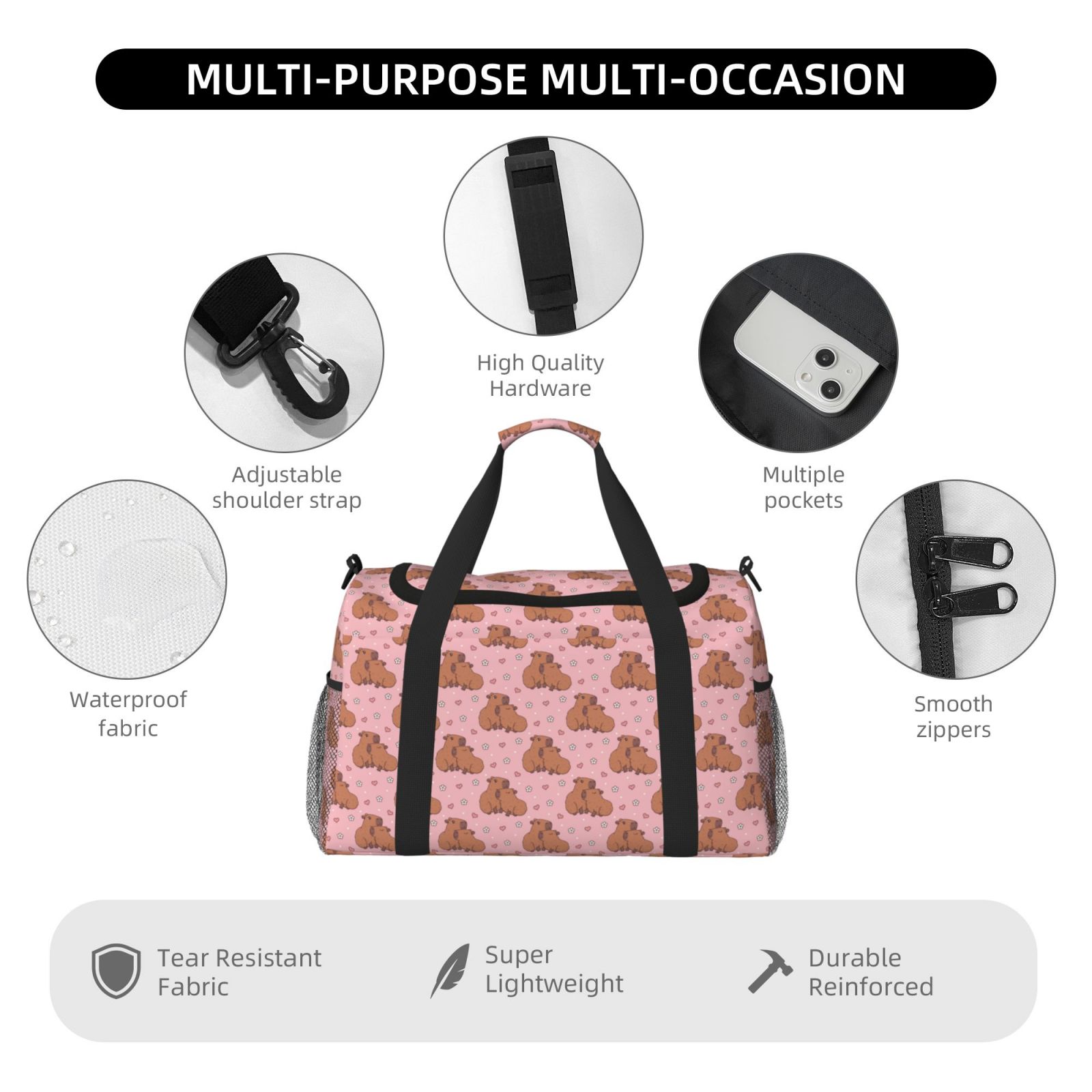 Kuqiui Heart Capybara Print Foldable Travel Duffel Bag Tote Carry on Luggage Bag Personal item Sports Gym Bag Water Resistant Weekender Overnight Bags for Women and Men