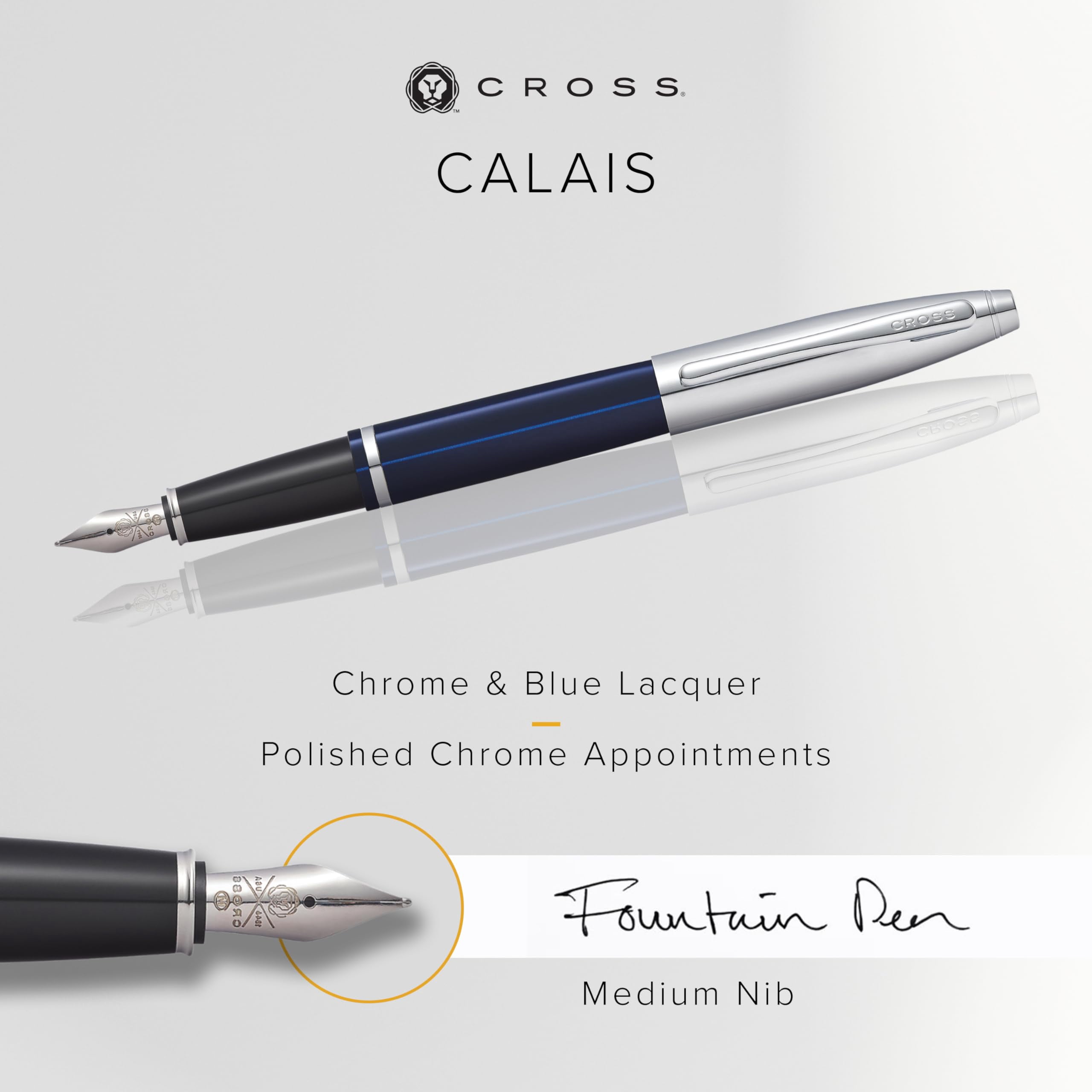 Cross Calais Chrome and Blue Lacquer Medium Nib Fountain Pen
