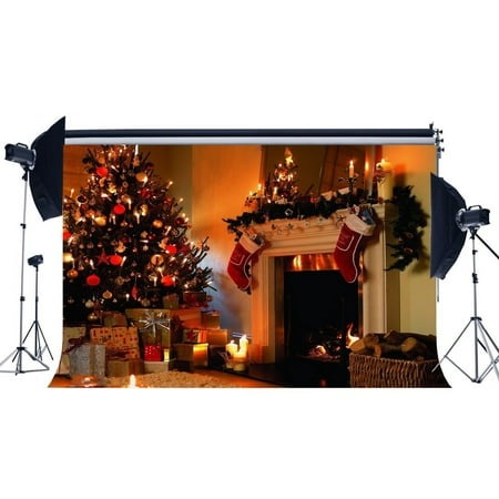 Image of GreenDecor 7x5ft Photography Backdrop Christmas Tree & Christmas Fireplace Xmas Gifts Interior Decoration Backdrops for Baby Kids Adults Happy New Yea