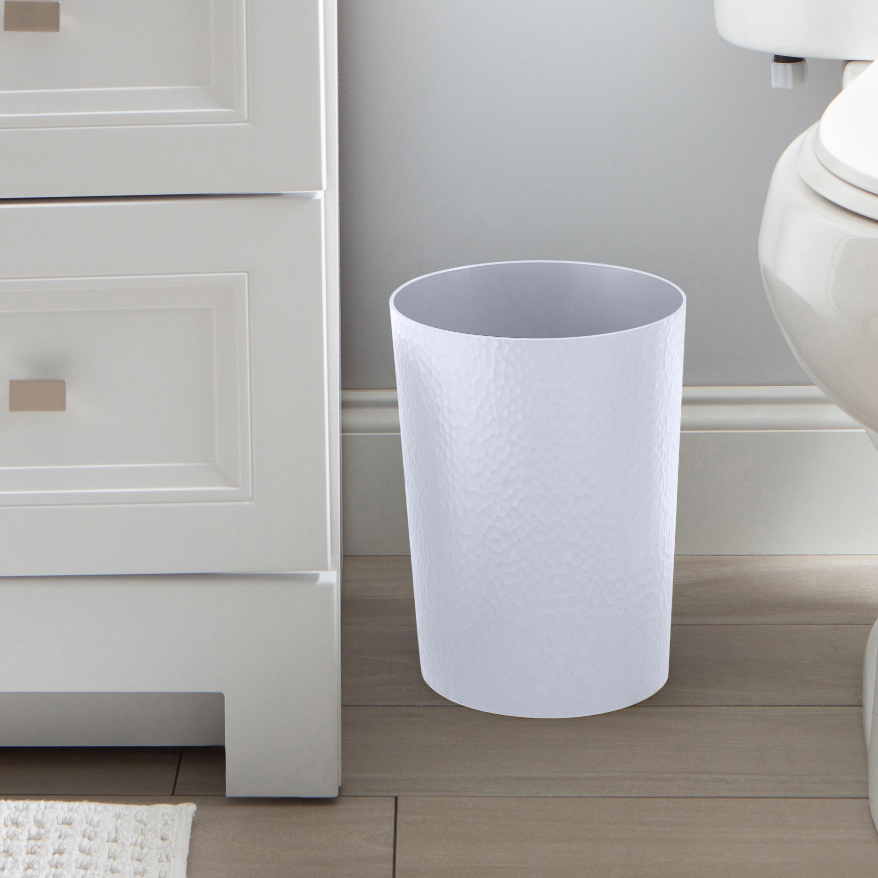 Bath Bliss 2 Pack 10 Liter Plastic Hammered Textured Bathroom Wastebasket in White