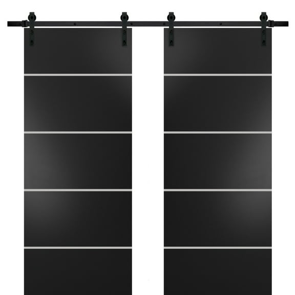 Sturdy Double Barn Door 36 x 80 inches with | Planum 0210 Matte Black with Frosted Glass | 13FT Rail Hangers Heavy Set | Solid Panel Interior Doors