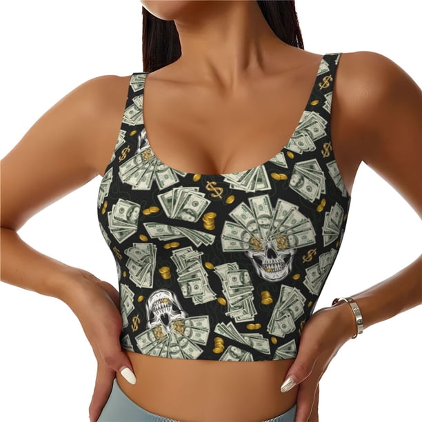 Balery Skull with Dollar Sujetadores deportivos con espalda cruzada para mujer, acolchados, sin costuras, de alto impacto, ideales para yoga, gimnasio, entrenamiento y fitness.-XX-Large