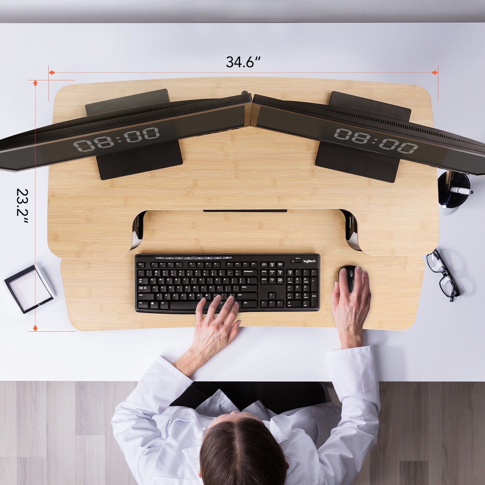 MarketLane  35" Large Height Adjustable Standing Desk Converter - Quick Sit Stand Up Triple Monitor Riser - Gas Spring Computer Workstation - Retractable Keyboard Tray - Teak Wood Grain,Bamboo