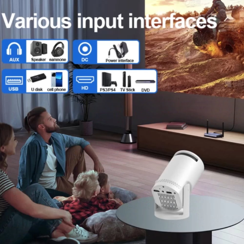 Mini Projector, with Wired Screen Sync 4K 1080P Portable Projector 180° Rotation. 17-130" Screen Video Projector. Compatible with Smartphones, Laptops, PC
