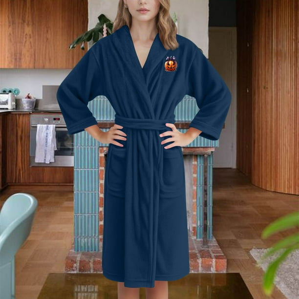 Pijama de franela con capucha y estampado de pecho para mujer, para Halloween, Acción de Gracias, terciopelo grueso, para usar en casa, batas de baño, pijamas largos y camisón de poliéster para mujer