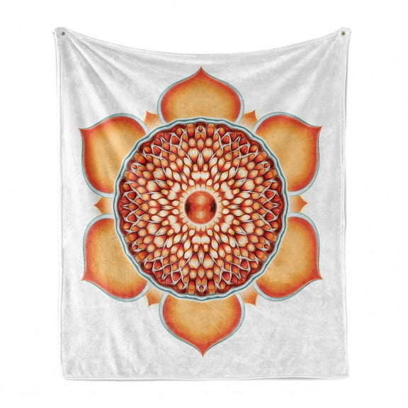 Lotus Soft Flannel Fleece Throw Blanket, Pomegranate Tibetan Mandala Renewal of Life Universe Balance, Cozy Plush for Indoor and Outdoor Use, 70" x 90", Orange Vermilion, by Ambesonne