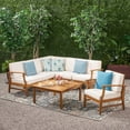 thumbnail image 2 of GDF Studio Abena Outdoor Acacia Wood 6 Seater Sectional Sofa and Club Chair Chat Set with Cushions, Teak and Cream, 2 of 13