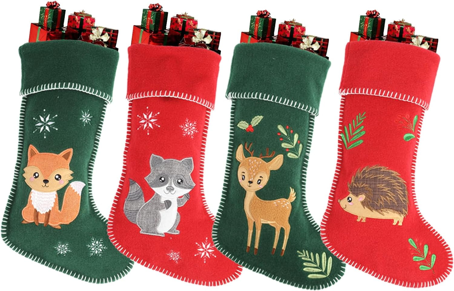 4pcs Woodland Animal Christmas Stockings, 18 Inches Woodland Animal Fox Hedgehog Elk Raccoon Christmas Stocking Felt Xmas Holiday Stocking for Fireplace Christmas Holiday Party Decor Gift