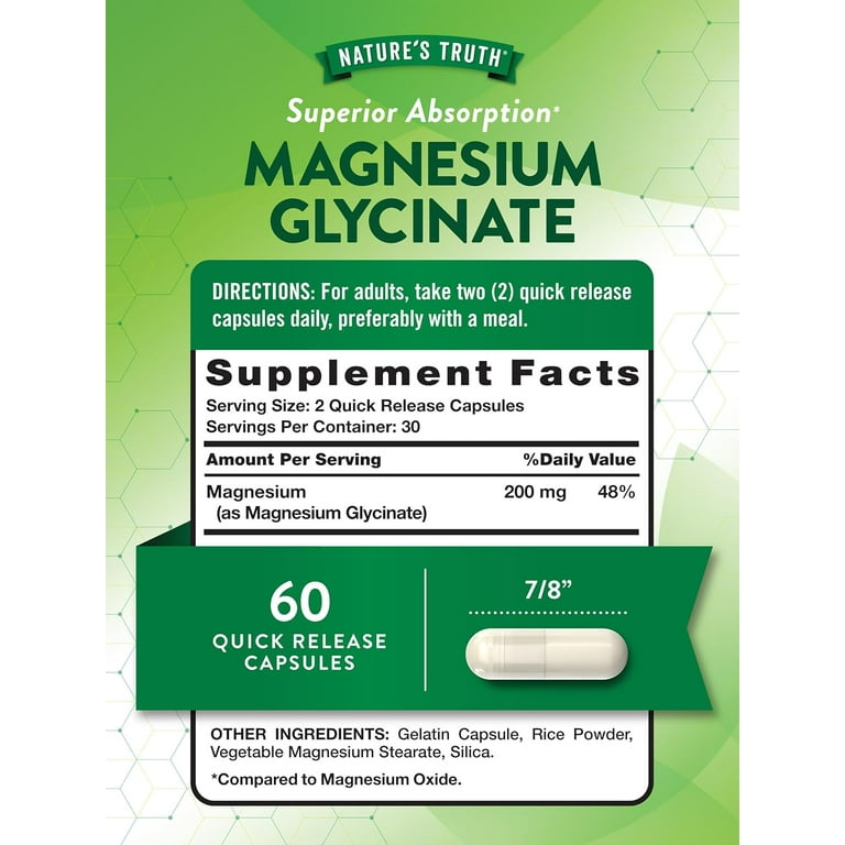 Nature's Truth Magnesium Glycinate Supplement 200mg, Chelated for Superior Absorption, 60 Quick Release Capsules - Walmart.com Nature's Truth Magnesium Glycinate Supplement 200mg, Chelated for Superior Absorption, 60 Quick Release Capsules - Walmart.com