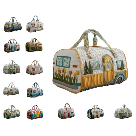 AURIGATE Vintage Camper RV Quilted Travel Duffle Bag, Soft Cloth Medium Capacity Weekend Overnight Carry On Bag for Camping Road Trip Home Storage