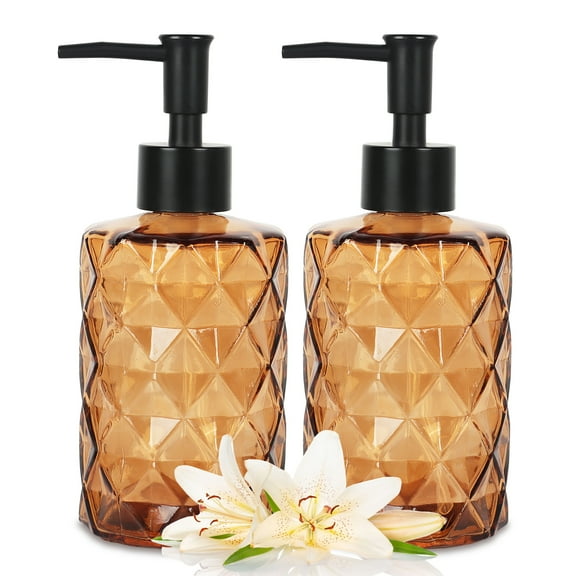 2 Pack Glass Soap Dispenser Diamond Design , 12 Ounce Kitchen Soap Dispenser for Bathroom, Hand Soap, Dish Soap (Brown)