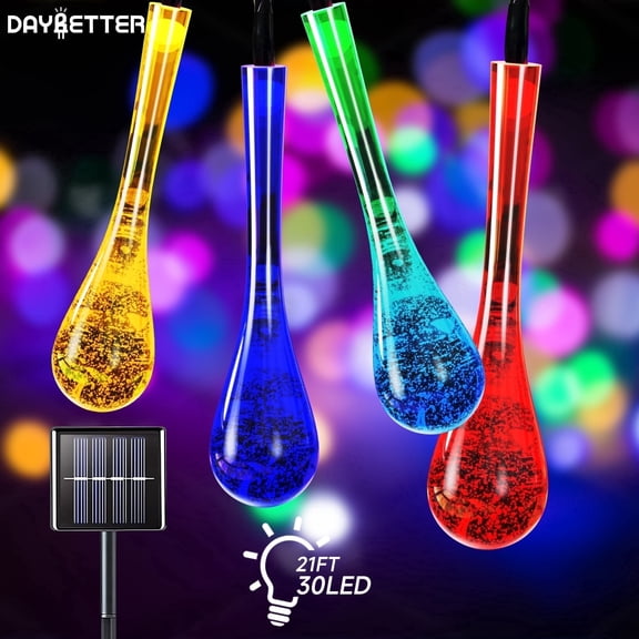 DAYBETTER Solar Outdoor String Lights 21FT/30LEDs, 8Modes Multicolor Waterdrop Lights, Waterproof Garden Lights for Patio Yard Fence