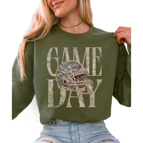 Game Day Camo Football Crewneck Sweatshirt for Men and Women, Army Green Sweatshirt, M