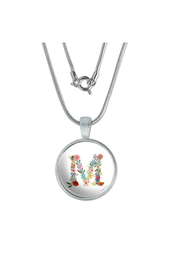 Letter M Floral Monogram Initial 0.75" Pendant with Sterling Silver Plated Chain