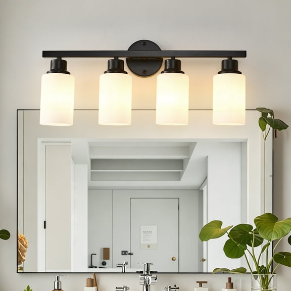 4-Light Matte Black Modern Vanity Light with White Glass Shades, E26 Base