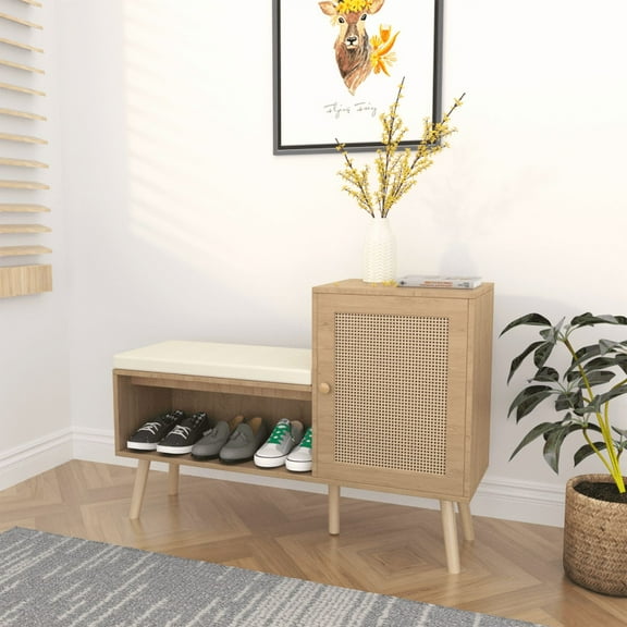 Rattan Shoe Storage Bench for Entryway - 3-Tier Bench with Cushion - Storage Bench Perfect for Hallway